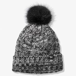 Victoria's Secret PINK Sherpa Lined Pom Beanie Gray Marl White NEW